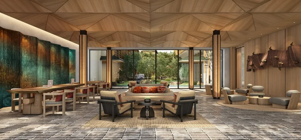 The lobby is open, airy and minimalist, with floor-to-ceiling windows framing a perfectly
manicured Japanese garden.