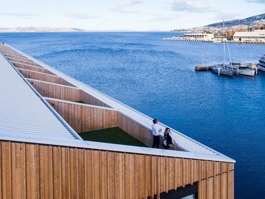 The hotel, which sits on the restored Old Macquarie Wharf, balances, is an ode of the history of Hobart and Tasmania itself.